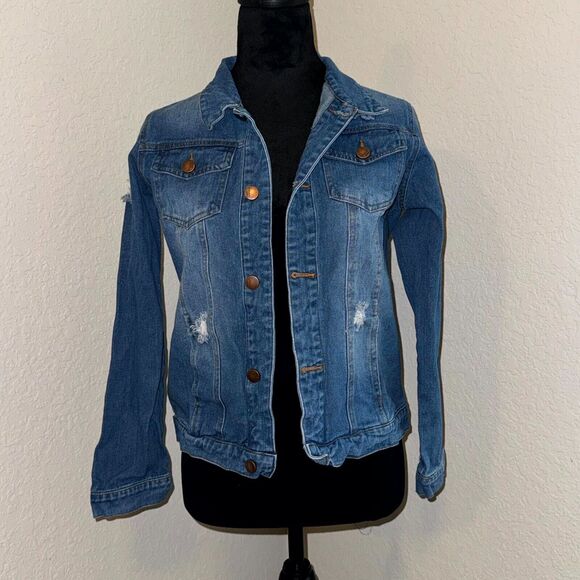 Kid1234 Jeans Denim Jacket Kid 13-14Y Blue Cotton Distressed Classic Long Sleeve - Picture 1 of 9